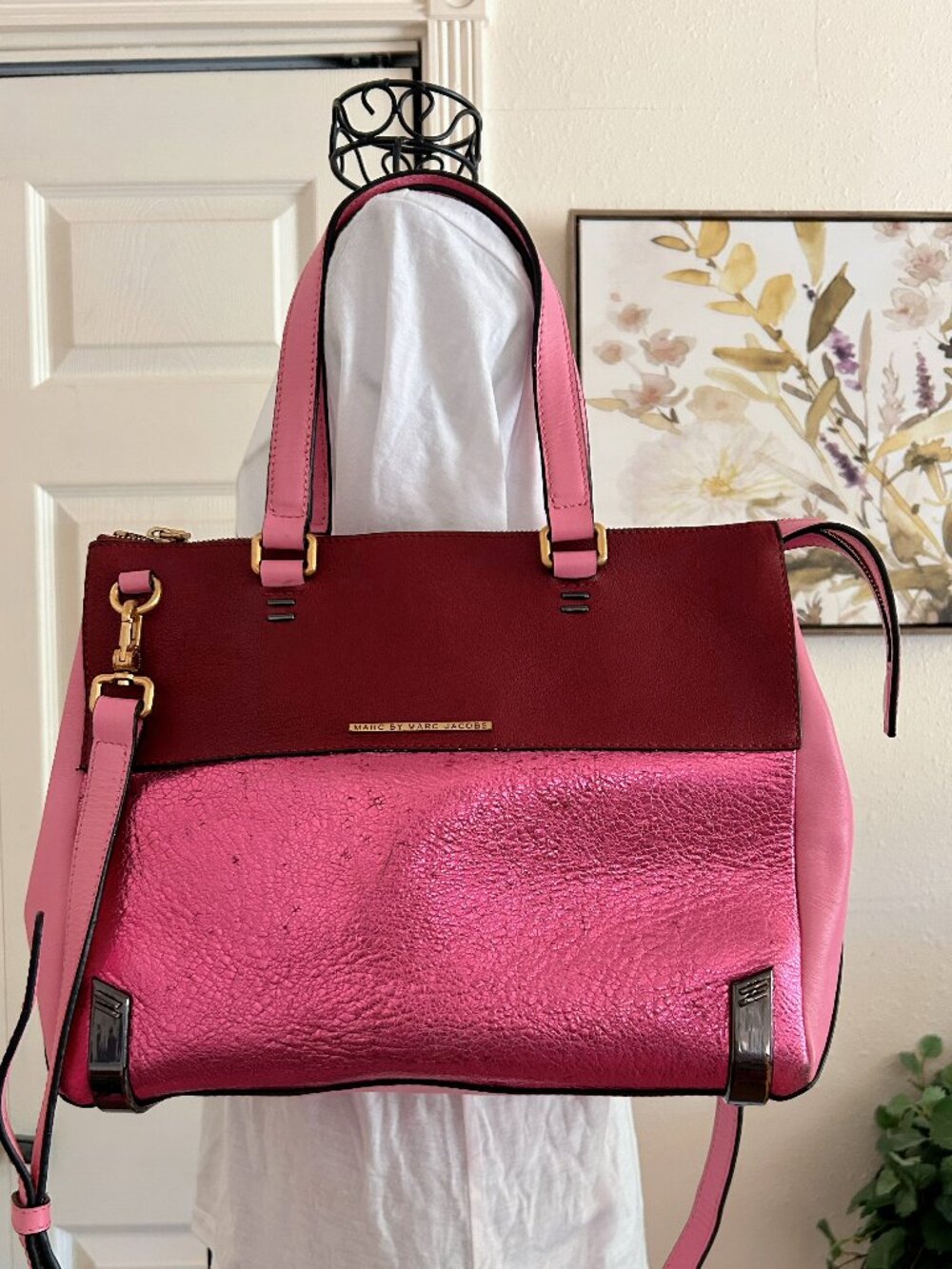 Marc by Marc Jacobs Pink Metallic and Burgundy Satchel with Top Handles